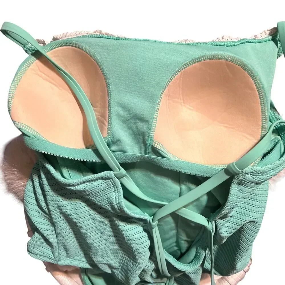 Shade & Shore Aqua Textured Lace High Leg One Piece Swimsuit Large